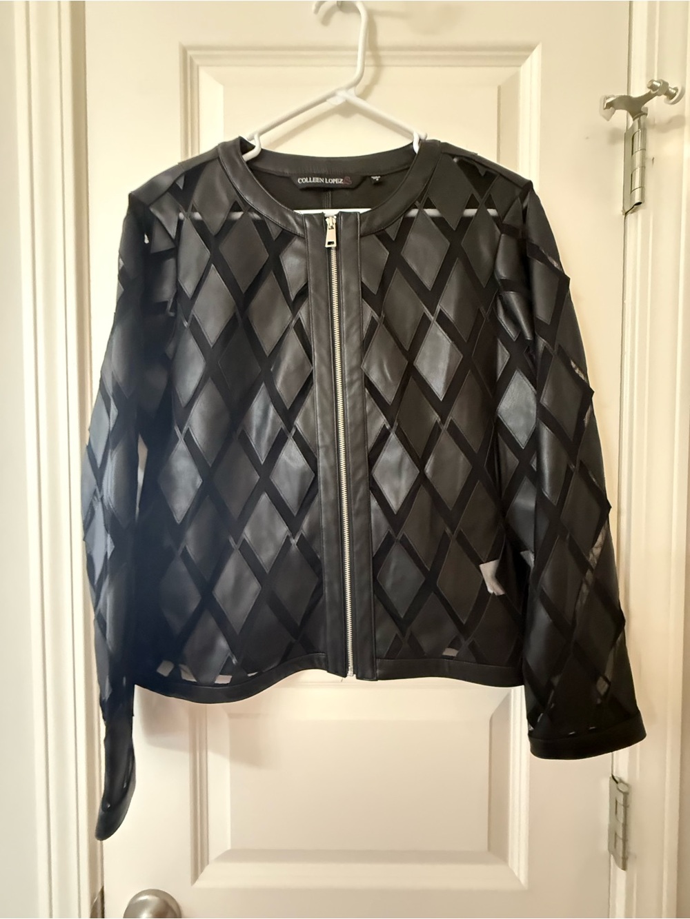 Colleen Lopez Faux Leather and Mesh Diamond Zip Jacket, Size Medium